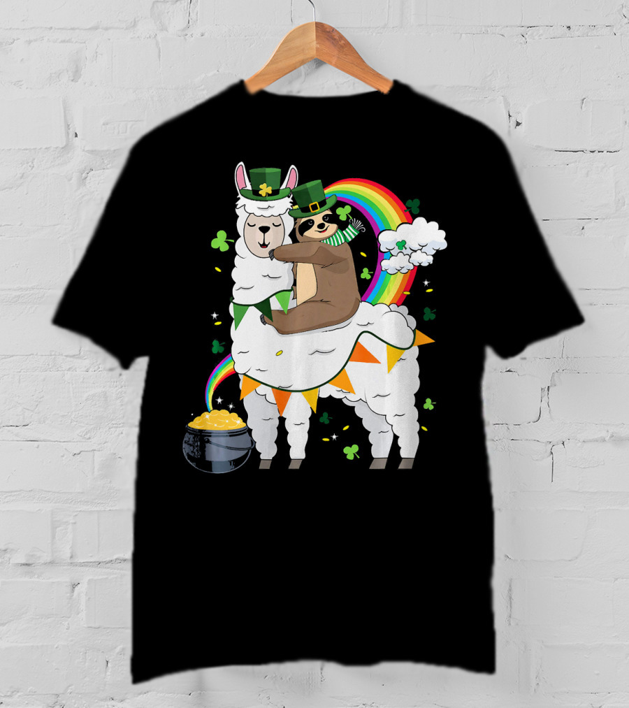St. Patrick's Day Sloth Leprechaun With Rainbow And Gold On Llama T-Shirt