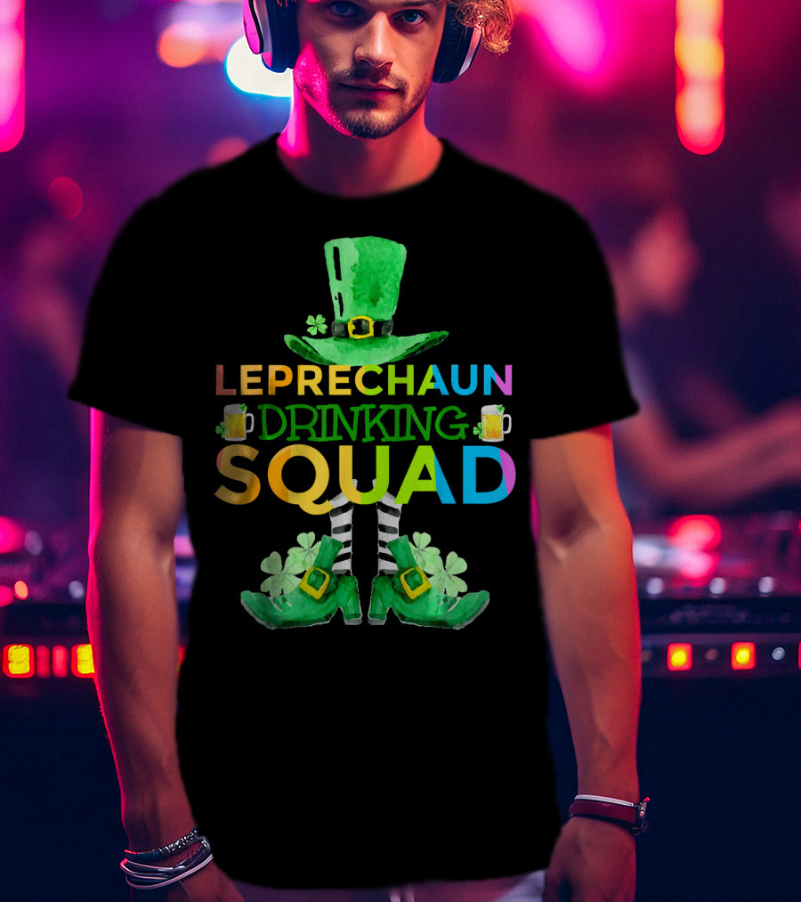 Leprechaun Drinking Squad Beer Rainbow Hat Clover Stripes T-Shirt