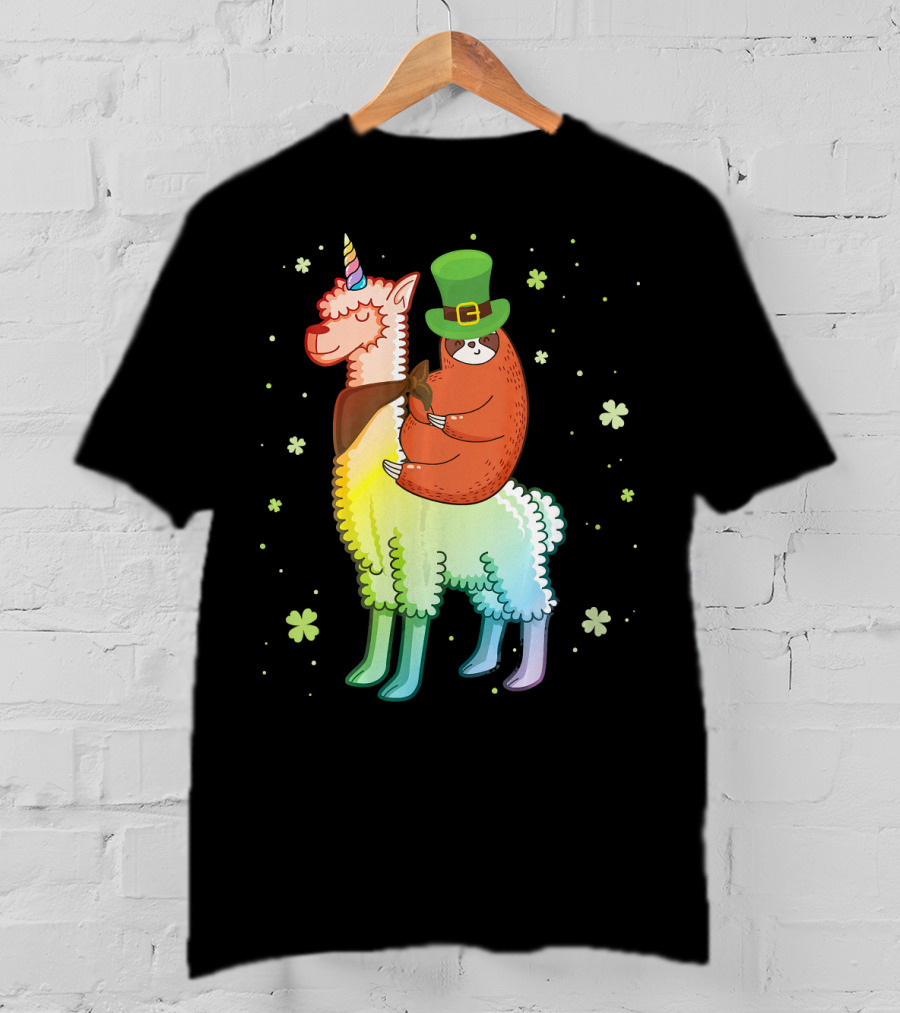 Cute Sloth Leprechaun Riding Rainbow Unicorn Llama With Shamrocks T-Shirt