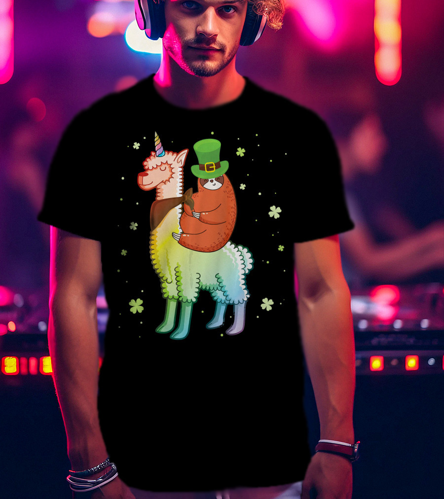 Cute Sloth Leprechaun Riding Rainbow Unicorn Llama With Shamrocks T-Shirt