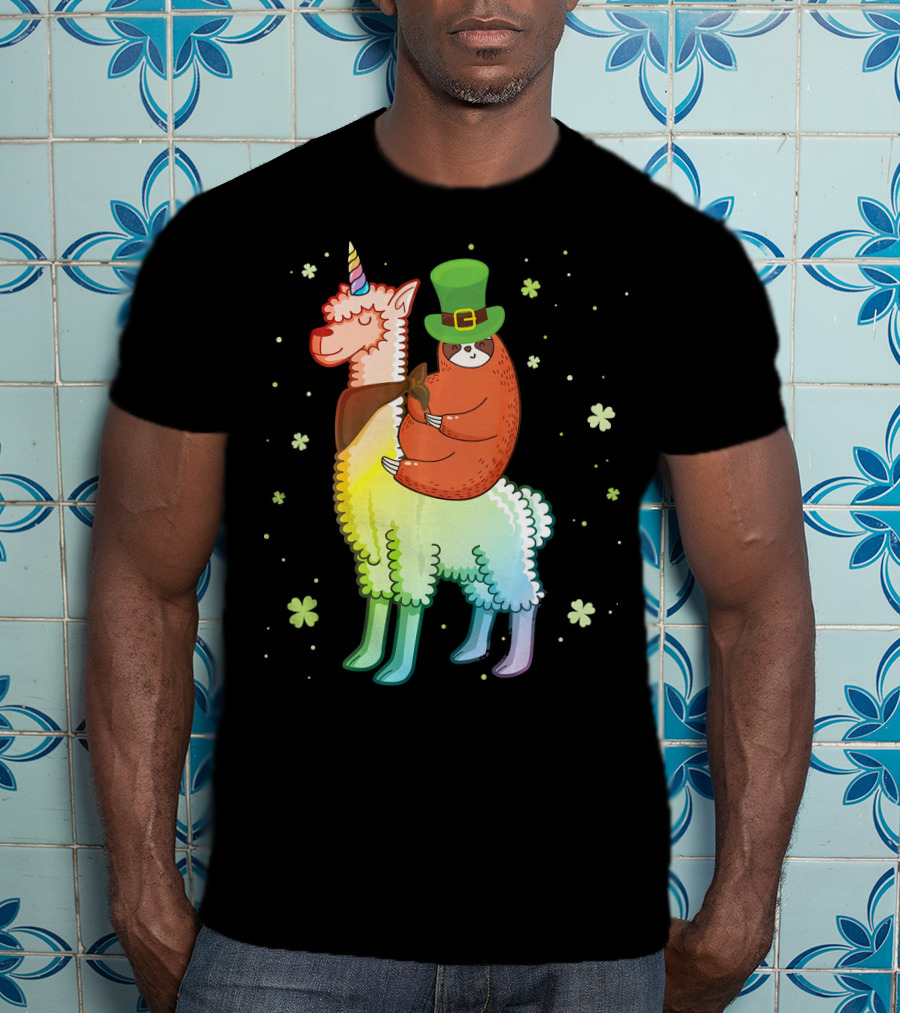 Cute Sloth Leprechaun Riding Rainbow Unicorn Llama With Shamrocks T-Shirt