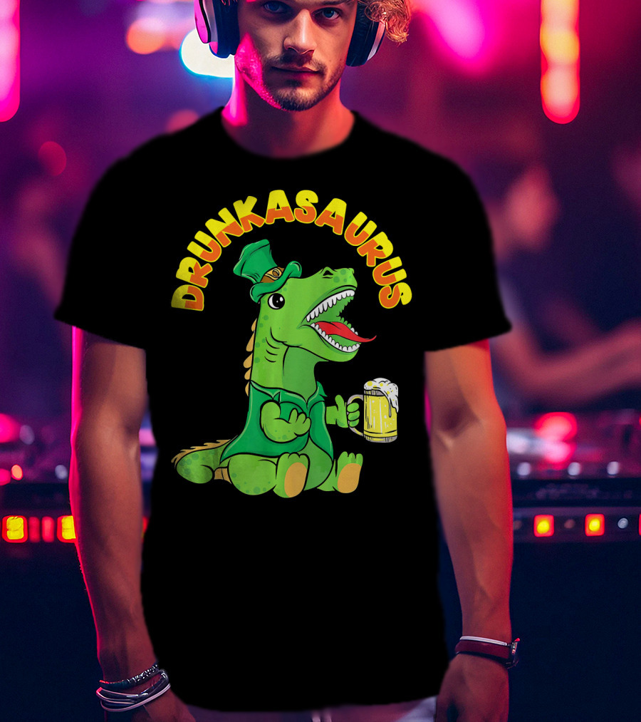 Drunkasaurus Leprechaun Dinosaur With Beer Drink T-Shirt