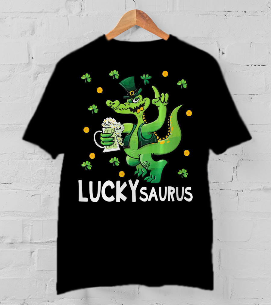 Luckysaurus Dinosaur Leprechaun Drinking Green Beer With Shamrocks And Coins T-Shirt