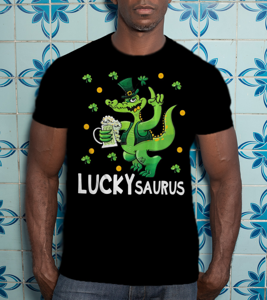 Luckysaurus Dinosaur Leprechaun Drinking Green Beer With Shamrocks And Coins T-Shirt