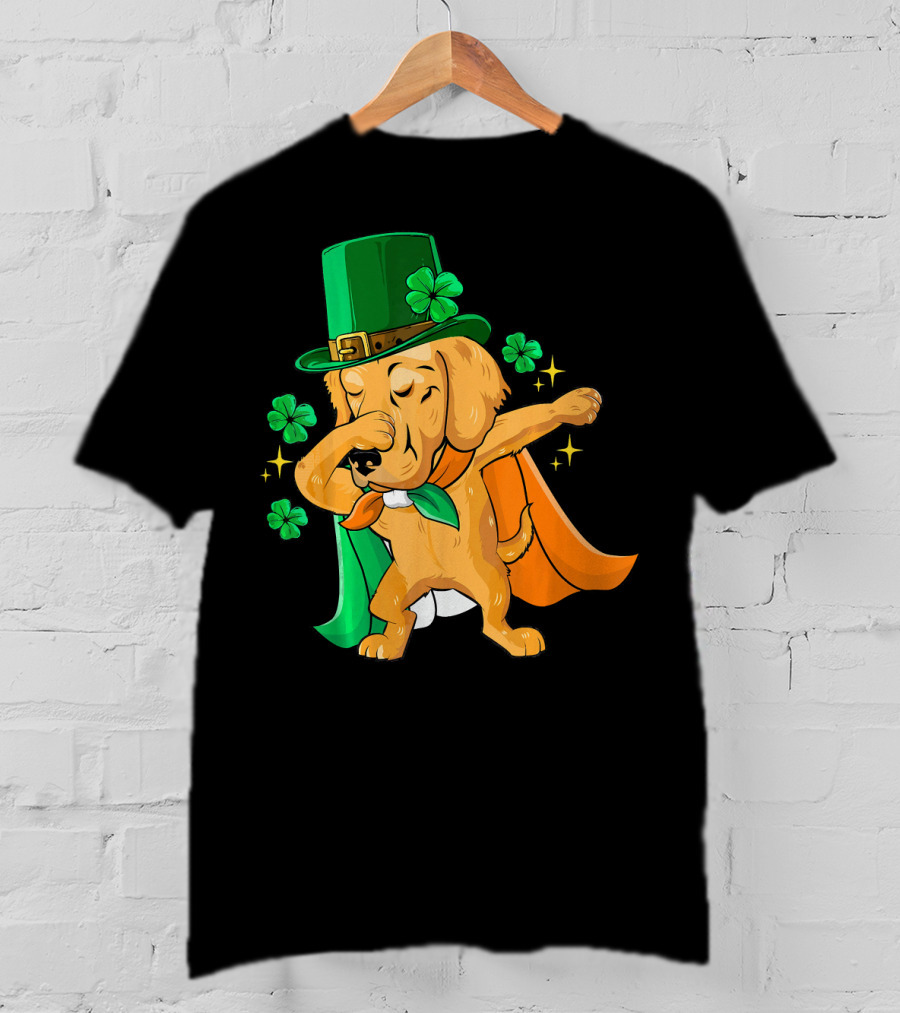 Golden Retriever Dabbing In Leprechaun Hat With Shamrock Cape T-Shirt