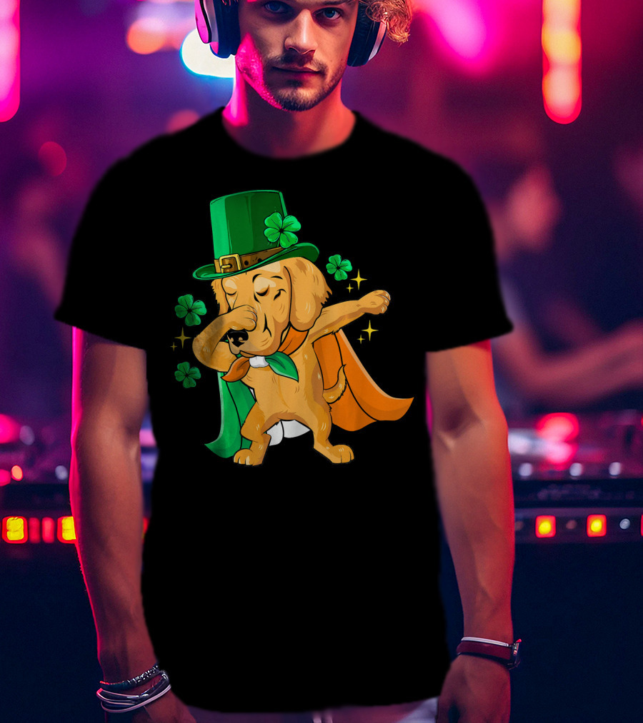Golden Retriever Dabbing In Leprechaun Hat With Shamrock Cape T-Shirt