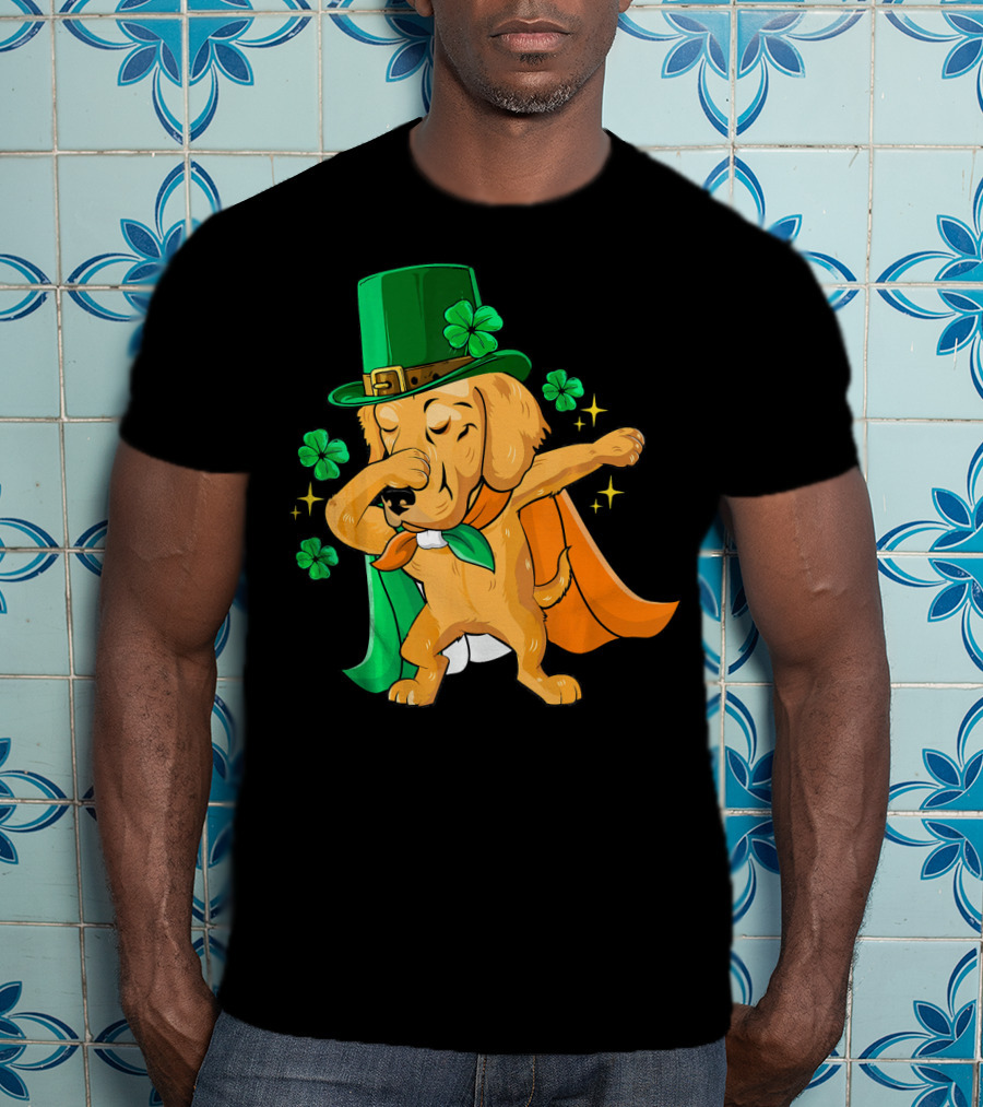 Golden Retriever Dabbing In Leprechaun Hat With Shamrock Cape T-Shirt