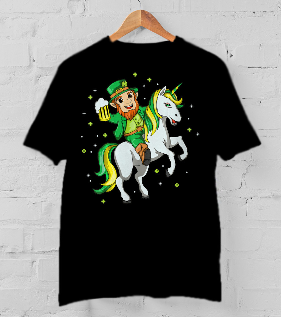 Lepricorn Irish Unicorn With Beer Mug And Shamrocks T-Shirt