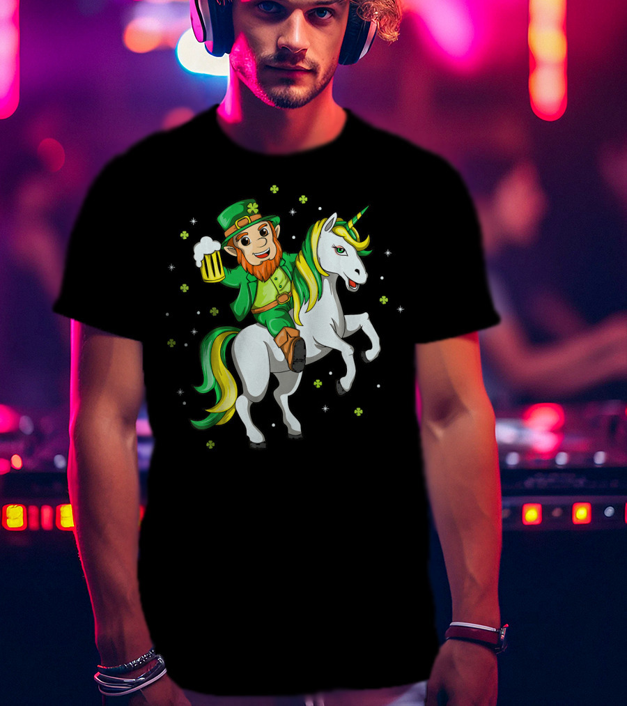 Lepricorn Irish Unicorn With Beer Mug And Shamrocks T-Shirt