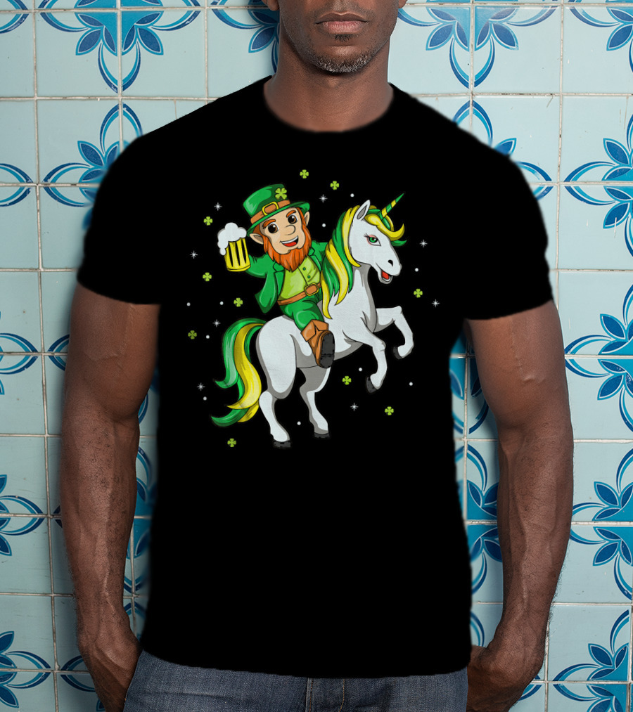 Lepricorn Irish Unicorn With Beer Mug And Shamrocks T-Shirt