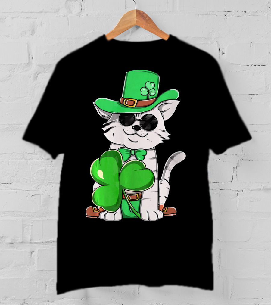 Leprechaun Cat Shamrock Irish St Pat Day Kitty T-Shirt