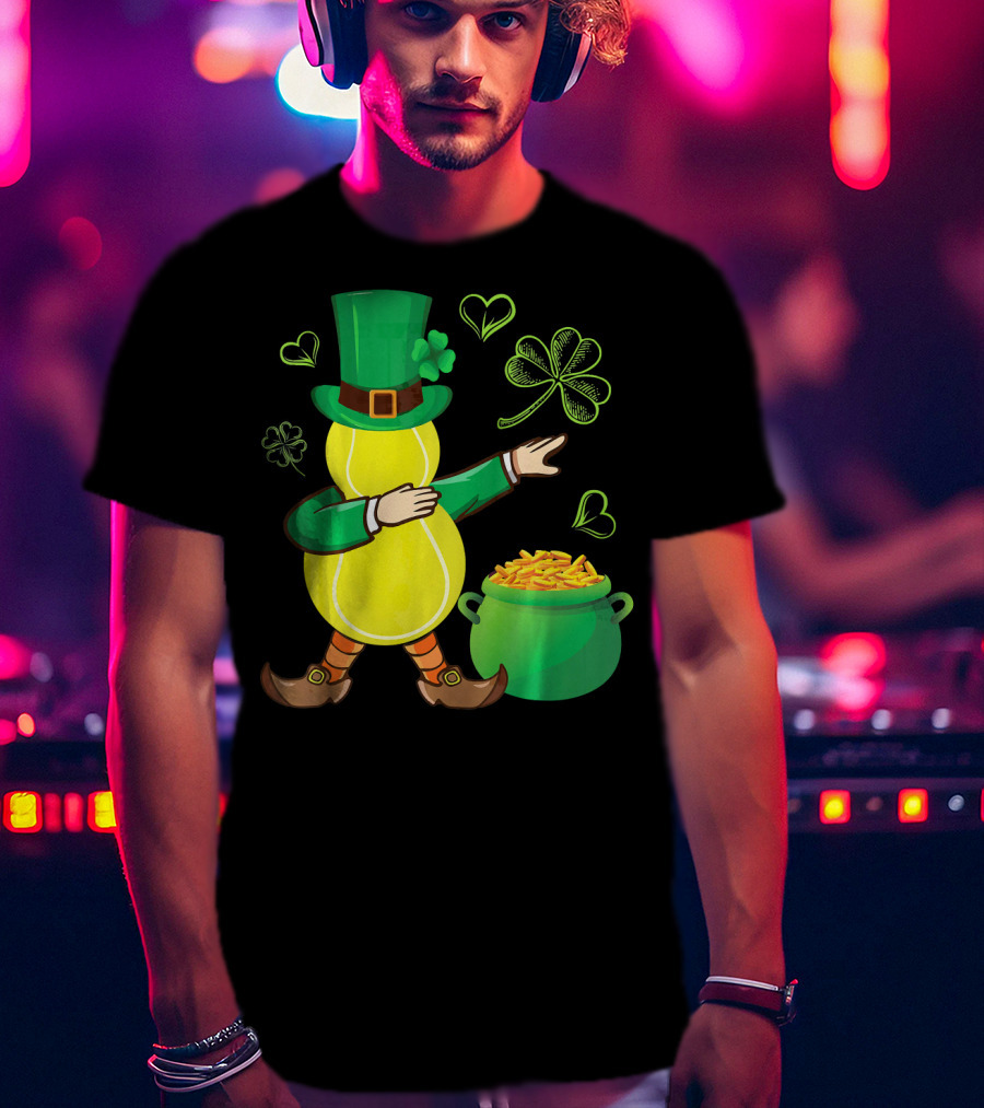 Tennis Leprechaun Dabbing With Gold Pot And Shamrocks T-Shirt