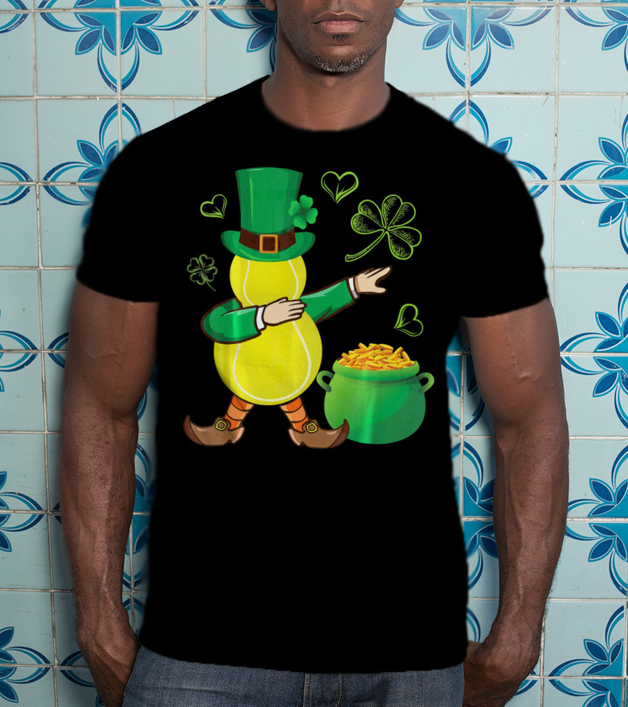 Tennis Leprechaun Dabbing With Gold Pot And Shamrocks T-Shirt