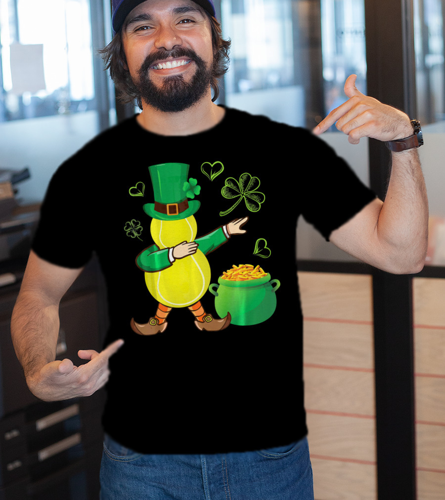 Tennis Leprechaun Dabbing With Gold Pot And Shamrocks T-Shirt
