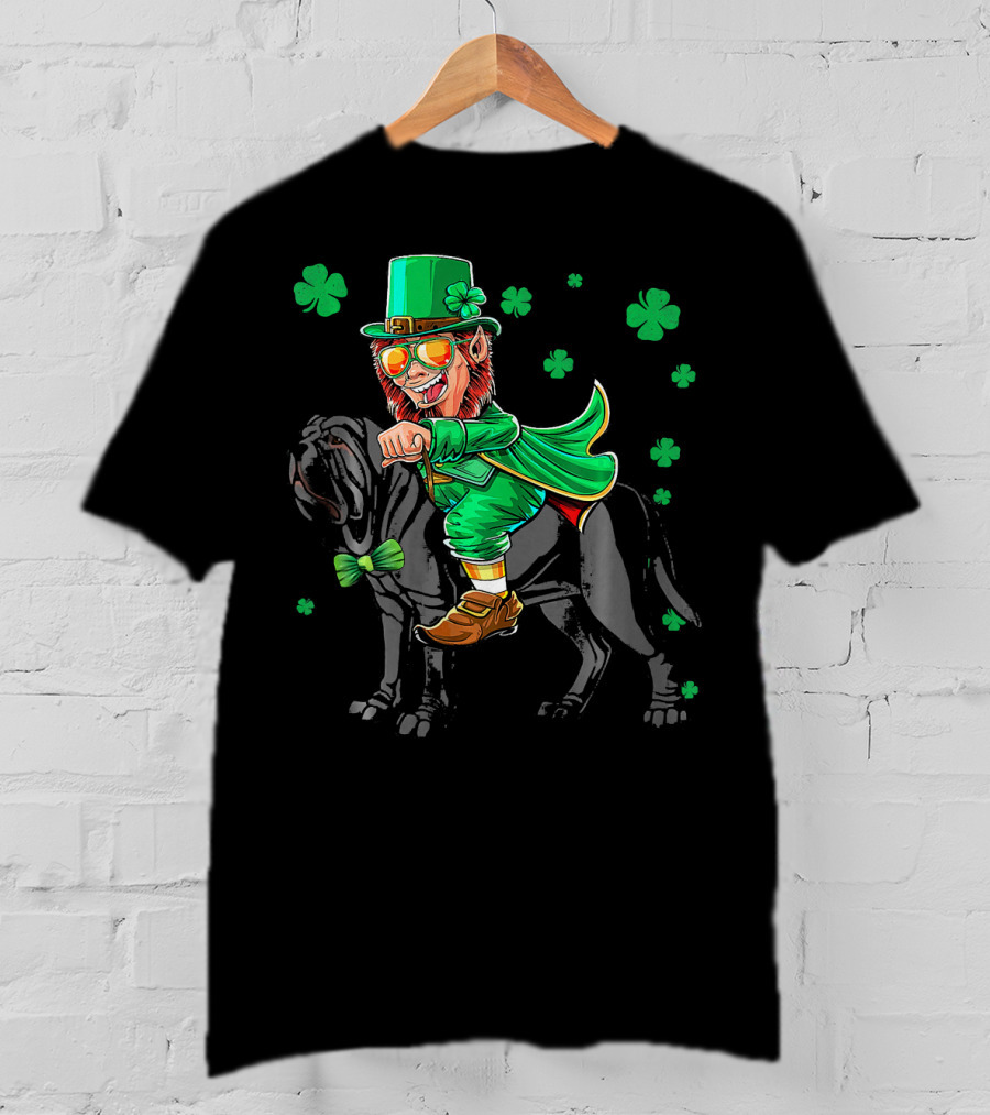 Leprechaun Riding Neapolitan Mastiff With Shamrock Accents T-Shirt