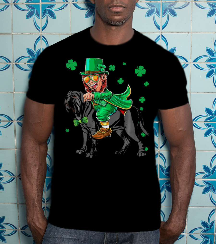 Leprechaun Riding Neapolitan Mastiff With Shamrock Accents T-Shirt