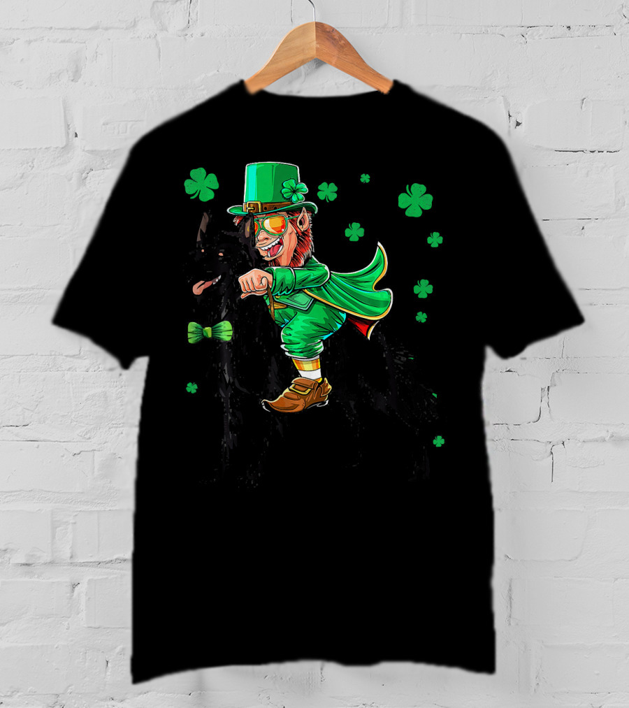 Leprechaun Riding Belgian Sheepdog With Shamrocks T-Shirt