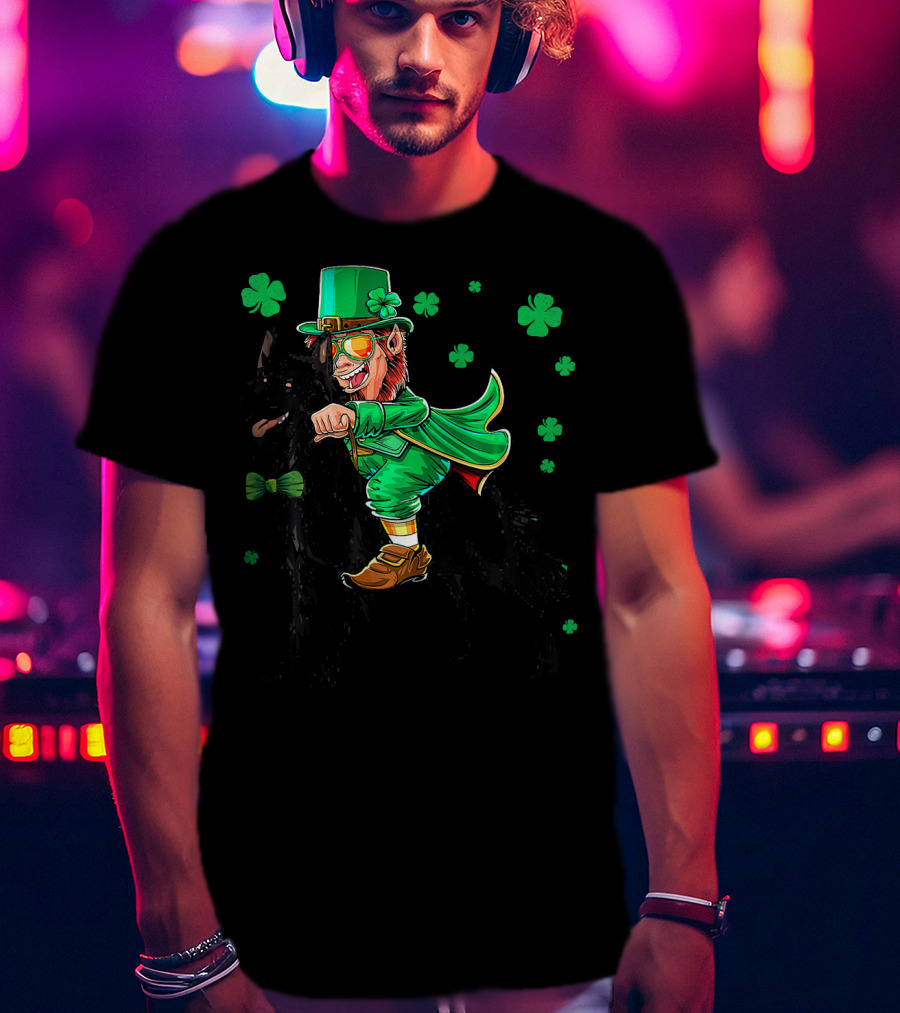 Leprechaun Riding Belgian Sheepdog With Shamrocks T-Shirt
