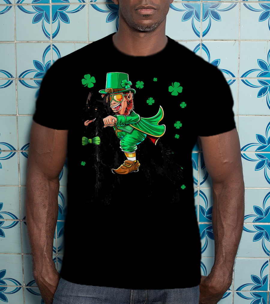 Leprechaun Riding Belgian Sheepdog With Shamrocks T-Shirt