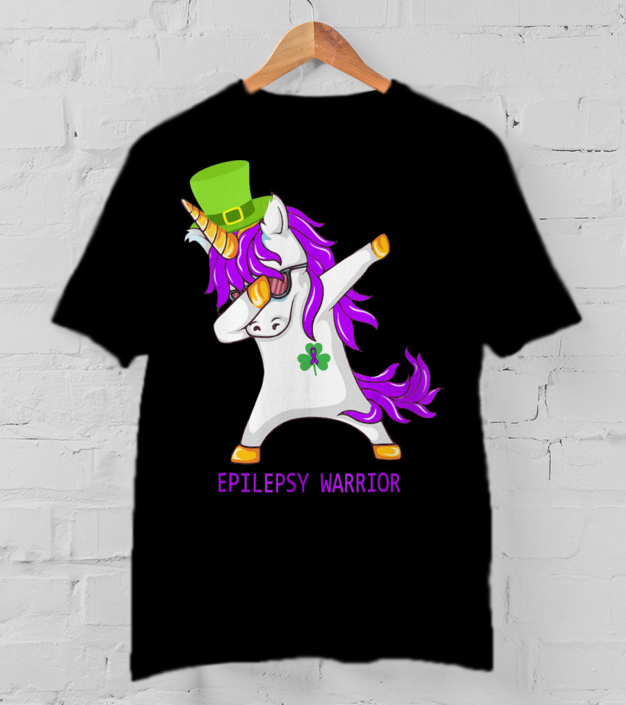 Unicorn Epilepsy Warrior Dabbing With Green Hat And Shamrock T-Shirt