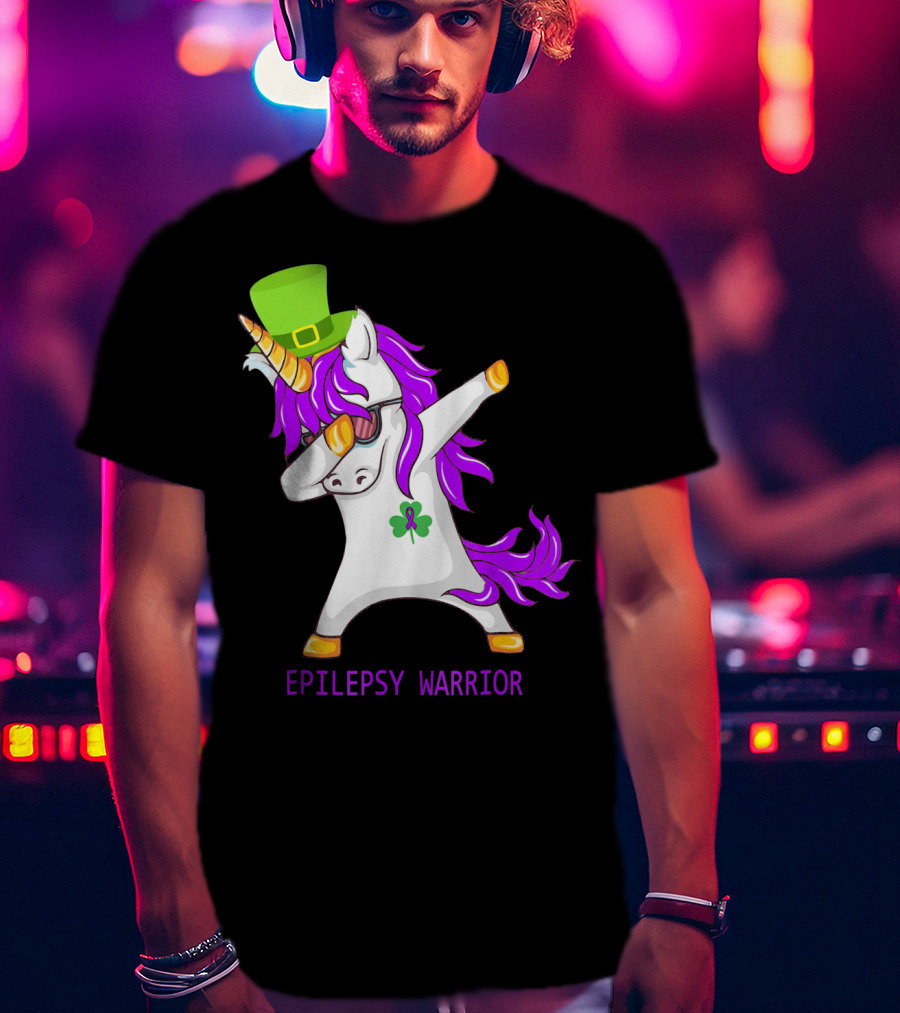 Unicorn Epilepsy Warrior Dabbing With Green Hat And Shamrock T-Shirt