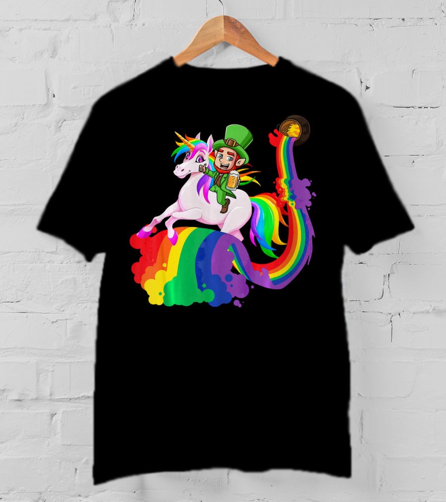 Patrick Leprechaun Riding Unicorn Rainbow With Beer And Pot Of Gold T-Shirt