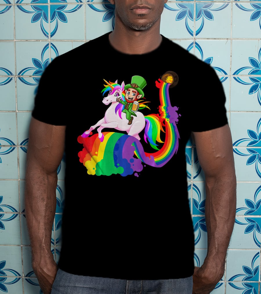 Patrick Leprechaun Riding Unicorn Rainbow With Beer And Pot Of Gold T-Shirt