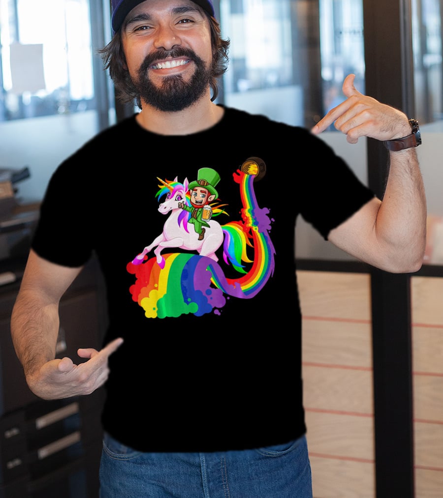 Patrick Leprechaun Riding Unicorn Rainbow With Beer And Pot Of Gold T-Shirt
