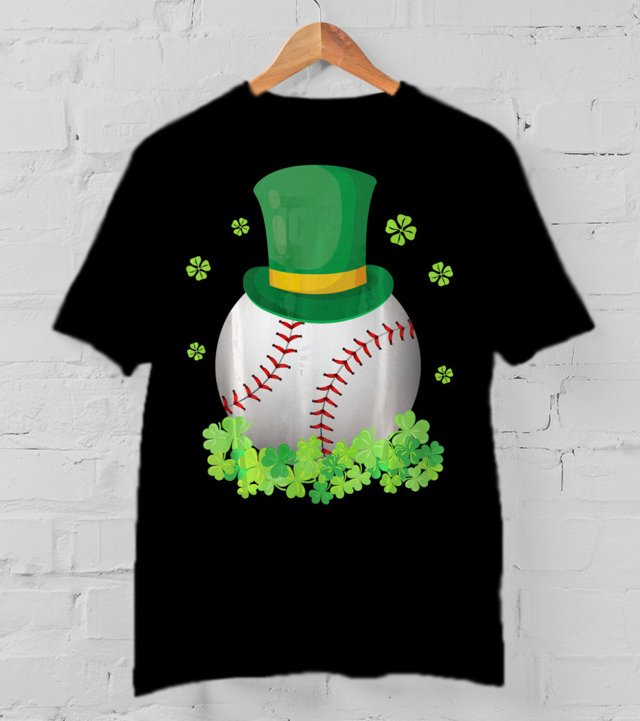 Baseball Leprechaun Hat With Shamrocks And Four-Leaf Clovers T-Shirt