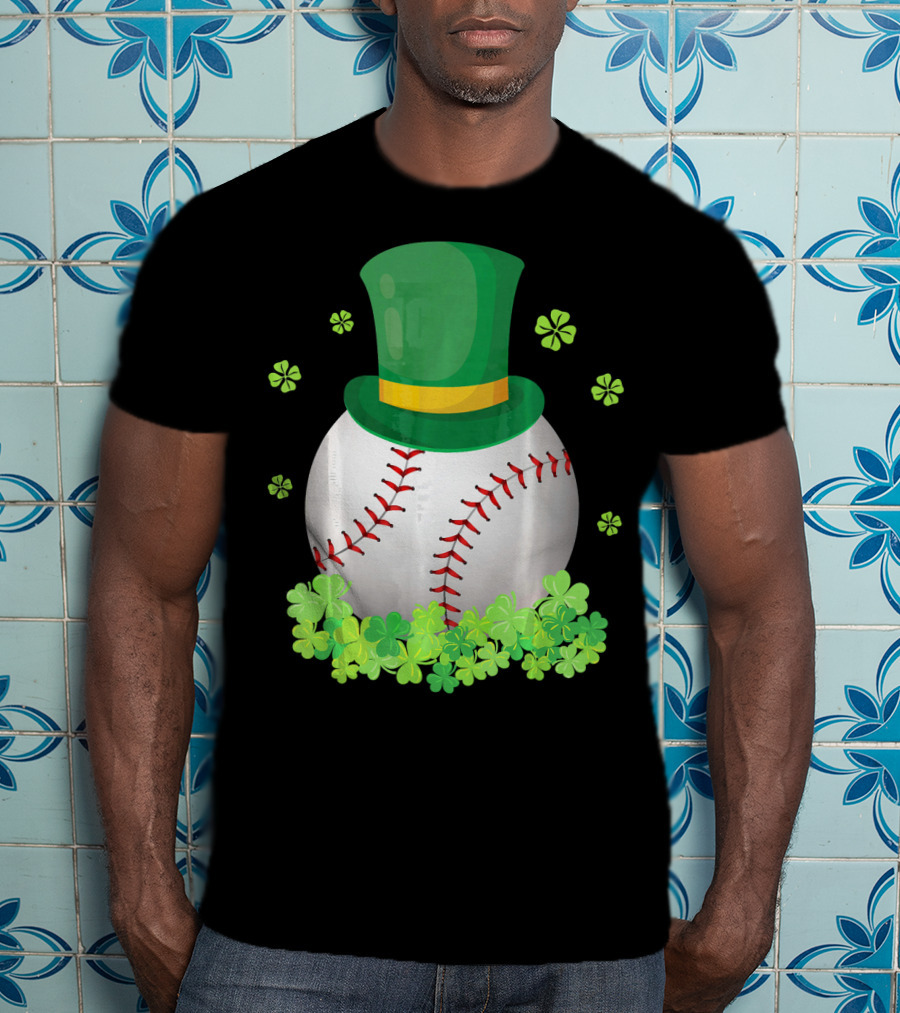 Baseball Leprechaun Hat With Shamrocks And Four-Leaf Clovers T-Shirt