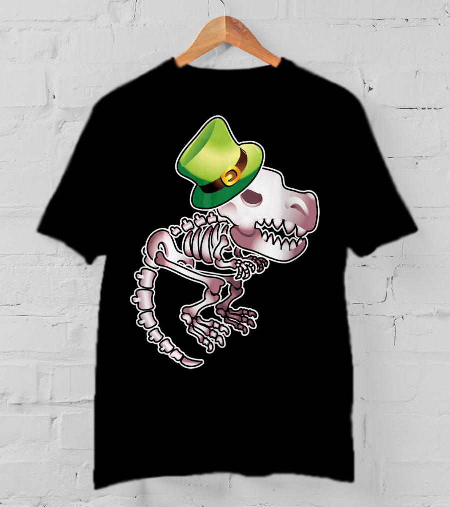 T Rex Dinosaur Skeleton With Green Leprechaun Hat T-Shirt