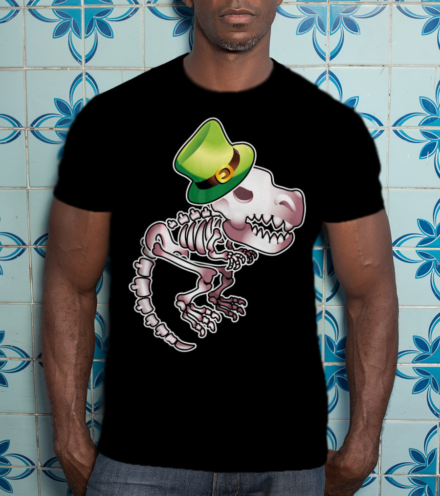 T Rex Dinosaur Skeleton With Green Leprechaun Hat T-Shirt