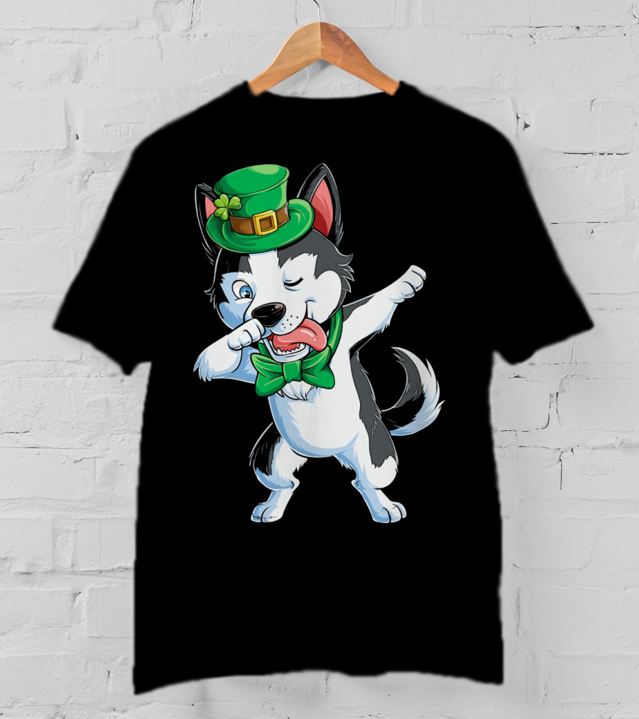 Dabbing Siberian Husky St. Patrick’s Day Green Hat Bow Tie T-Shirt