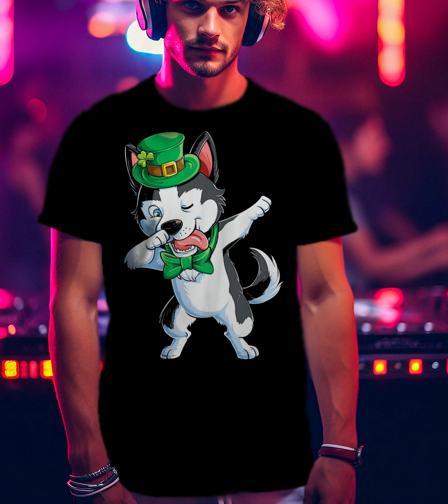Dabbing Siberian Husky St. Patrick’s Day Green Hat Bow Tie T-Shirt
