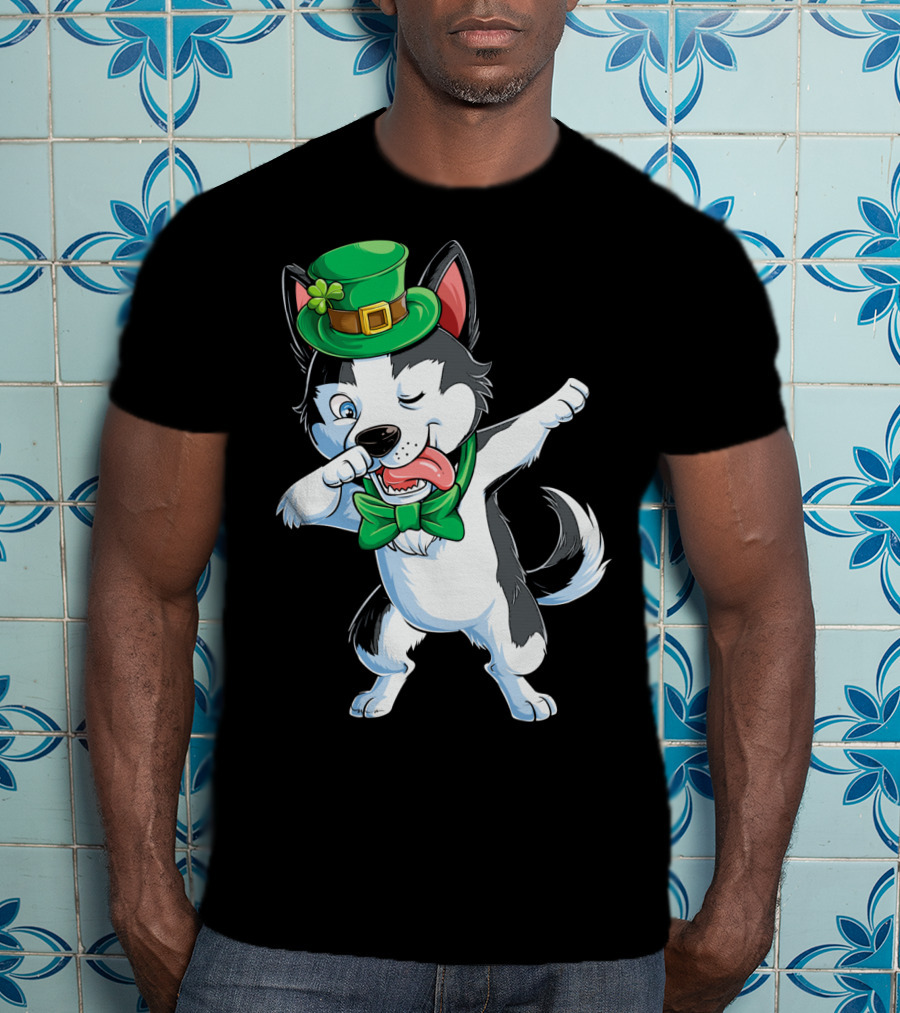 Dabbing Siberian Husky St. Patrick’s Day Green Hat Bow Tie T-Shirt
