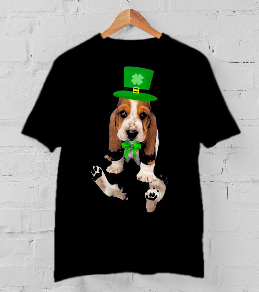 Basset Hound Puppy St. Patrick's Day Leprechaun Hat With Shamrock T-Shirt