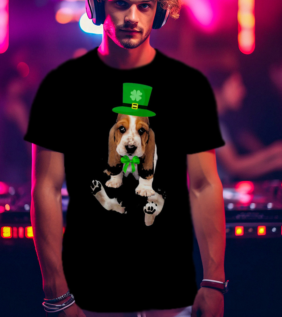Basset Hound Puppy St. Patrick's Day Leprechaun Hat With Shamrock T-Shirt