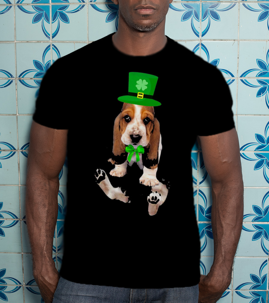 Basset Hound Puppy St. Patrick's Day Leprechaun Hat With Shamrock T-Shirt