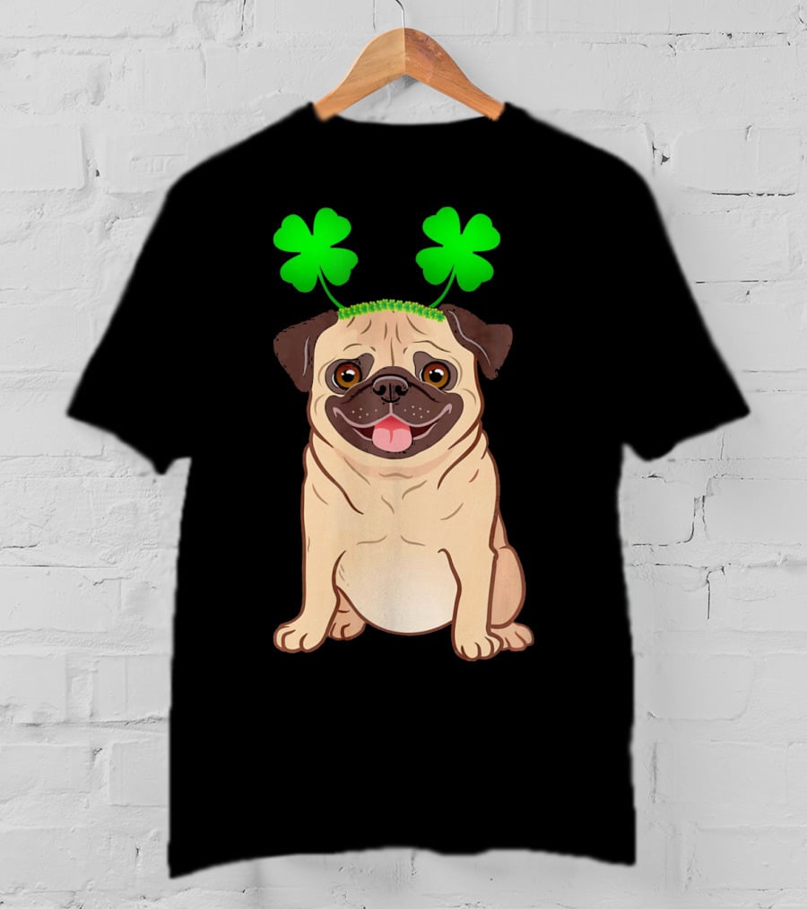Cute Pug Adorned In Shamrock Headband With Happy Expression T-Shirt