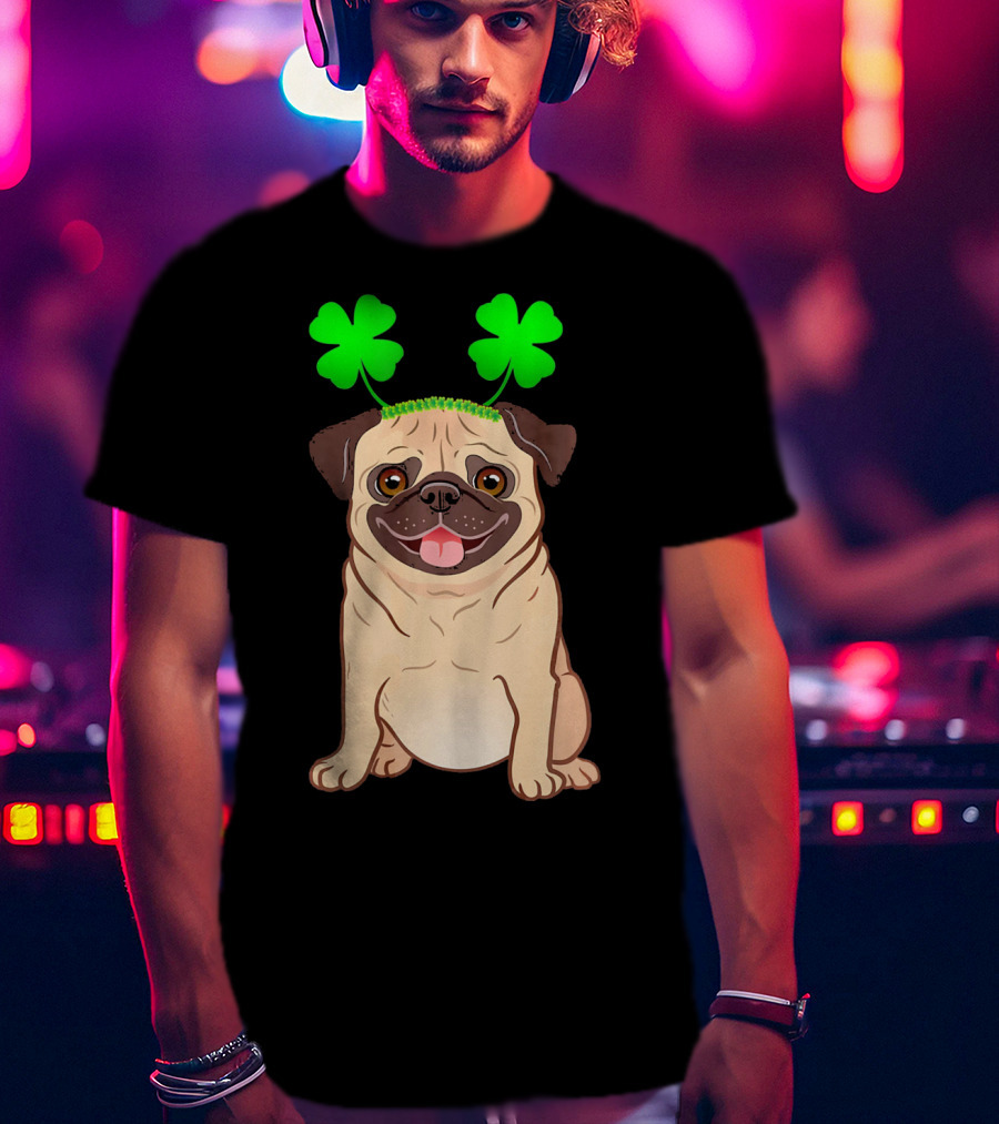 Cute Pug Adorned In Shamrock Headband With Happy Expression T-Shirt