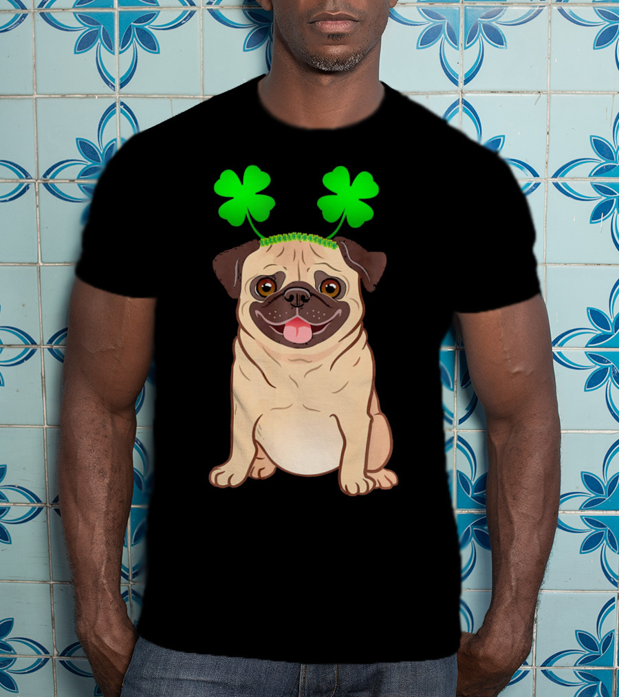 Cute Pug Adorned In Shamrock Headband With Happy Expression T-Shirt