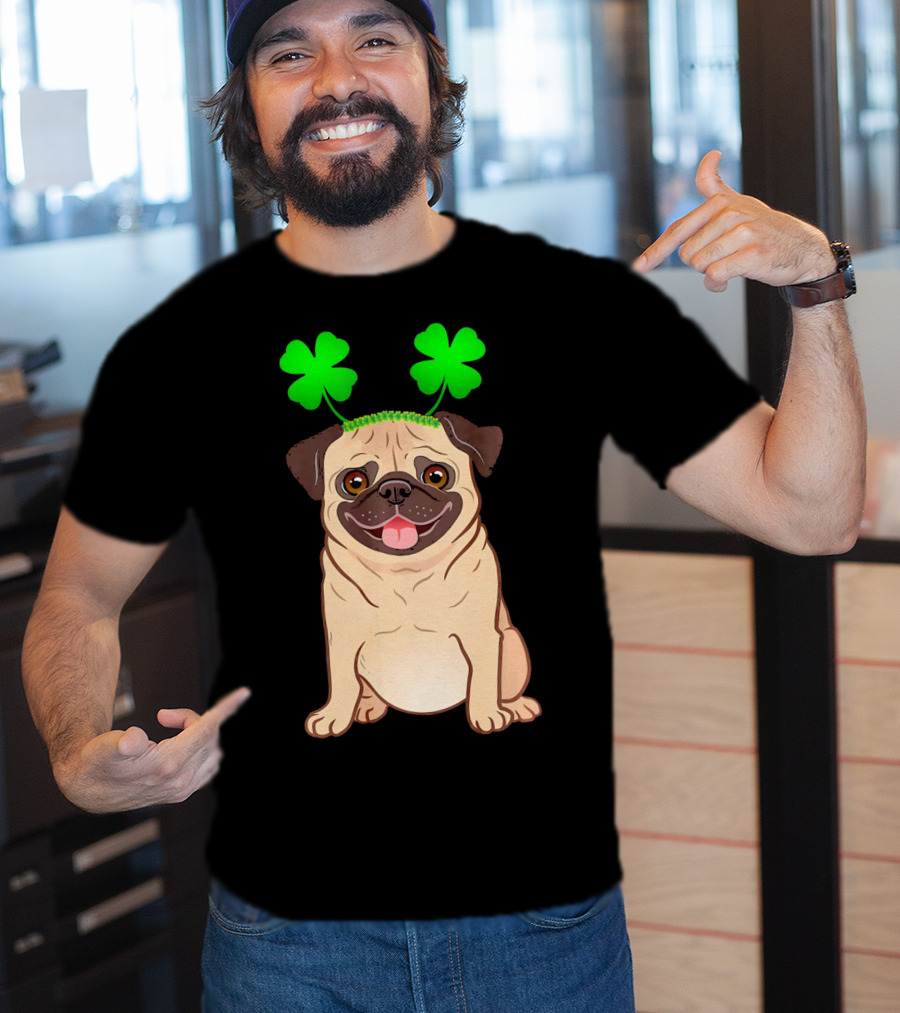 Cute Pug Adorned In Shamrock Headband With Happy Expression T-Shirt