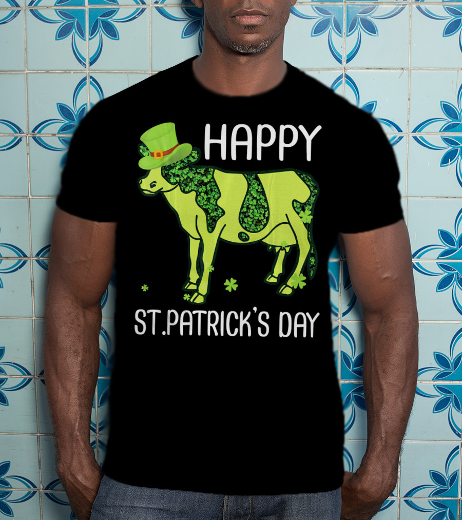 Happy St. Patrick's Day Shamrocks Cow Leprechaun T-Shirt