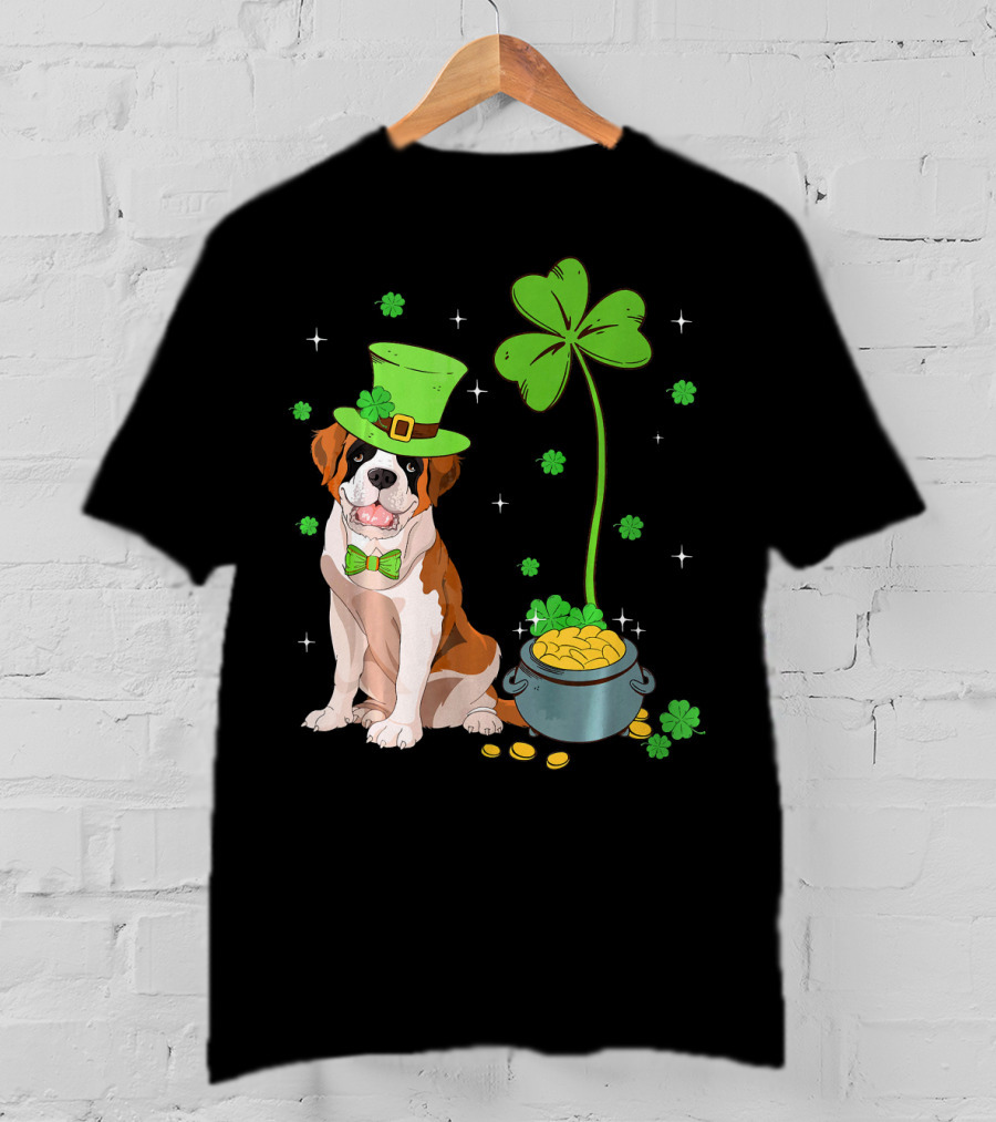 Shamrock Leprechaun Saint Bernard St Patrick's Day Dog Pot Of Gold T-Shirt