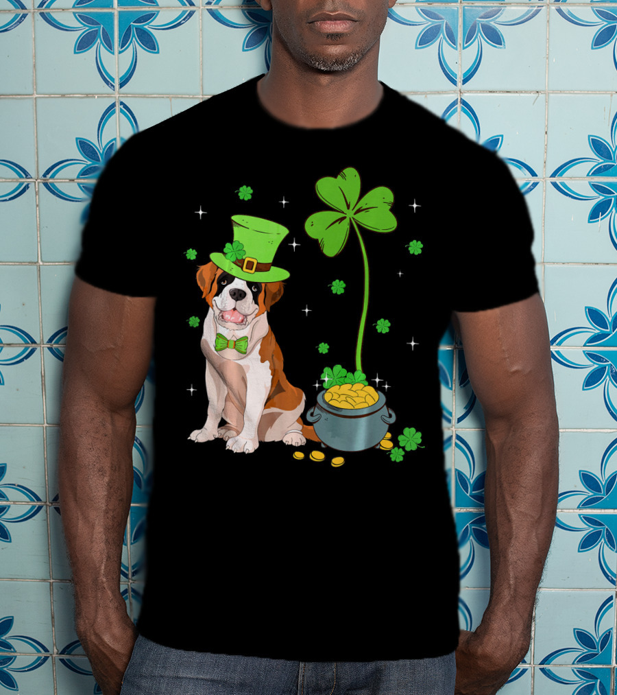 Shamrock Leprechaun Saint Bernard St Patrick's Day Dog Pot Of Gold T-Shirt