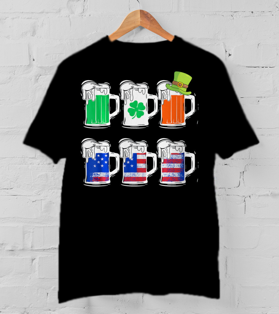 Saint Patricks Irish American Flag Beer Mug With Shamrock And Leprechaun Hat T-Shirt
