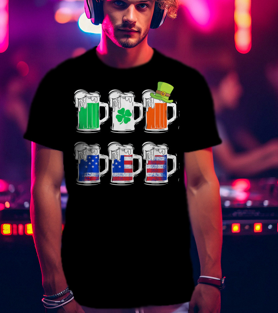 Saint Patricks Irish American Flag Beer Mug With Shamrock And Leprechaun Hat T-Shirt
