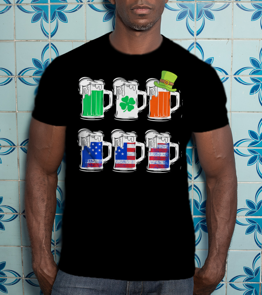 Saint Patricks Irish American Flag Beer Mug With Shamrock And Leprechaun Hat T-Shirt
