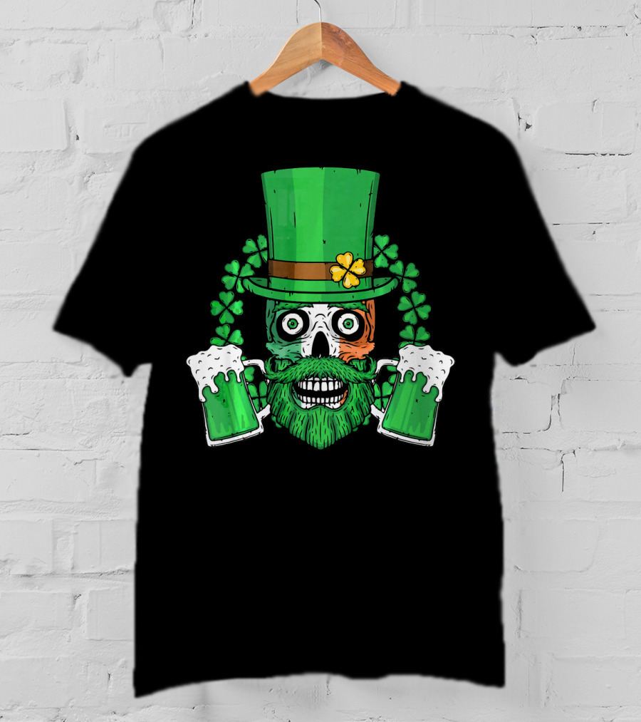 Irish Flag Leprechaun Skull With Shamrock And Beer Mugs T-Shirt