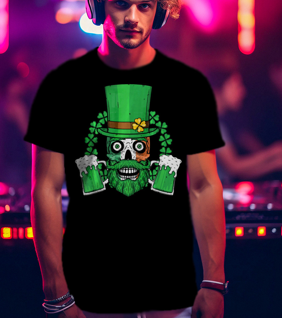 Irish Flag Leprechaun Skull With Shamrock And Beer Mugs T-Shirt
